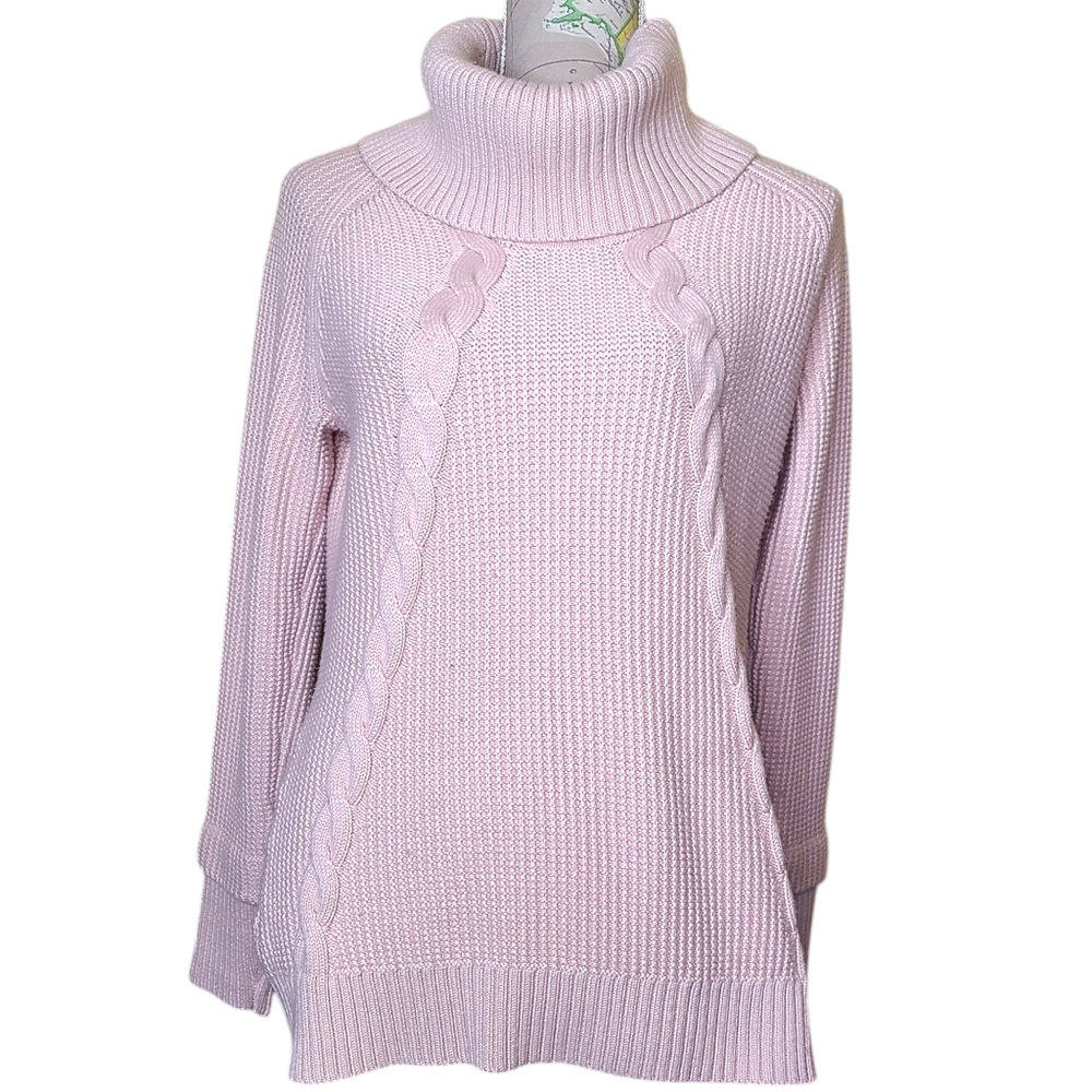 CALVIN KLEIN Size Small Powder Pink Chunky Cable Knit Draped Cowlneck Sweater
